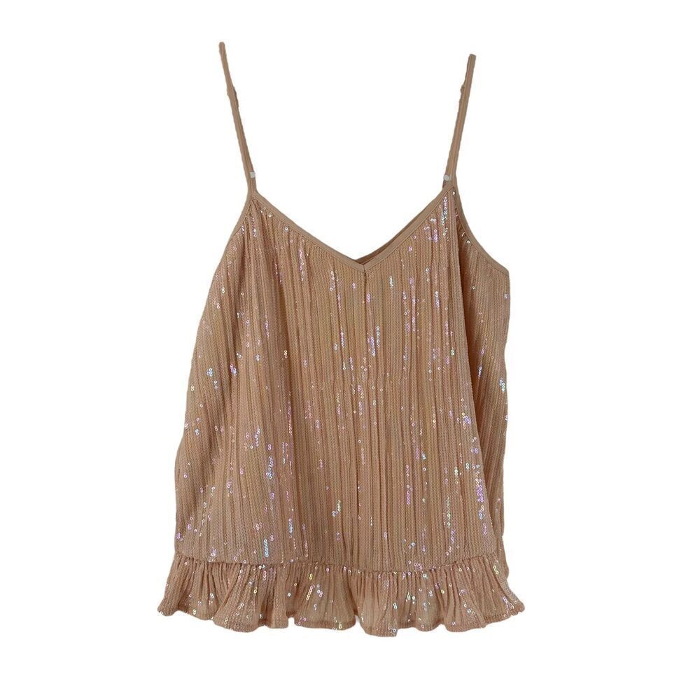 Anthropologie Top Sequin Ruffle Iridescent Blush Peachy Pink Size 6 Small Fun